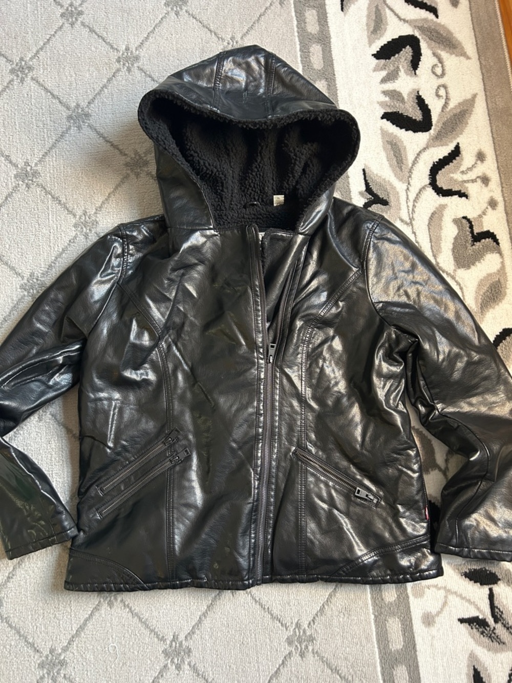 Levi's Black Hooded Vegan Leather Bomber Jacket